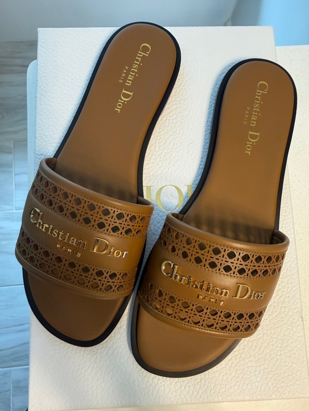 Dior Tan Leather Logo Slide Sandals